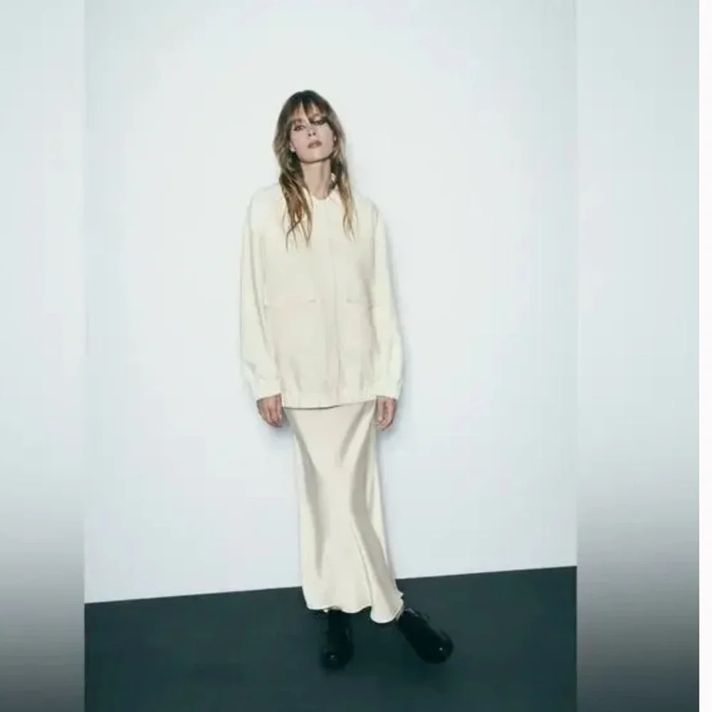 🤍 Zara Oyster White Oversized Long Bomber Jacket with Patch Pockets